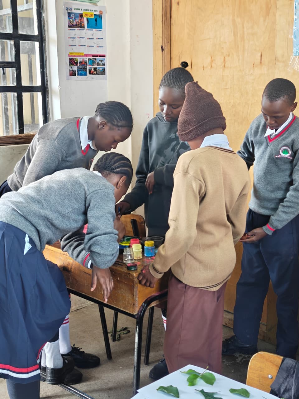 Junior secondary learners working together on a practical task